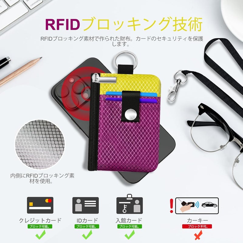 CCUMI Minimalist RFID Blocking Small Wallet with ID Window,WaterResistant Zip Id Case Wallet with Lanyard Keychain for Cards,Cash,Travel,Women,Men (Deep Purple Red/Lemon Yellow) - Image 4
